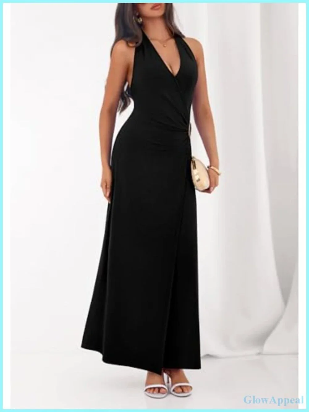 Elegant Halter V-Neck Tie Backless Midi Dress for Wedding Guest Cocktail Party